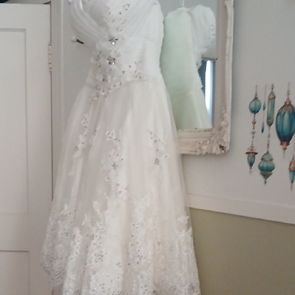 DaVinci White Floral Lace Wedding Dress 12 Tea Length Garden OR Beach Stunning - Picture 4 of 11